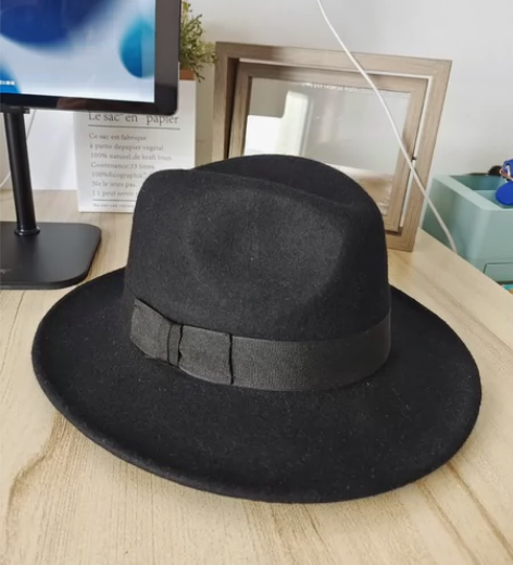 ?黑色礼帽欧美英伦风百搭平沿爵士帽羊毛呢…...