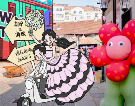 森系手绘风婚礼Q版漫画卡通新郎新娘骑摩托迎...