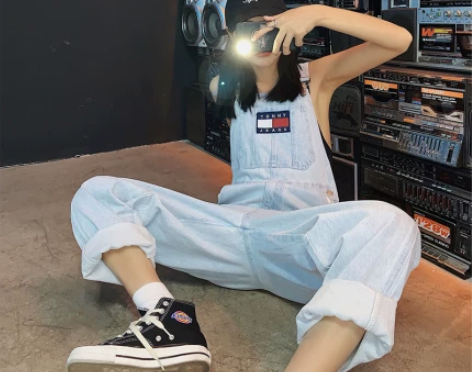 春秋网红背带裤男女港味复古潮流韩版宽松直筒...