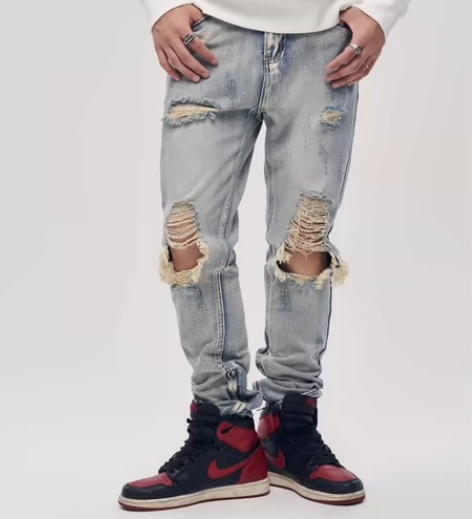 YORAINBOW拉链牛仔裤破洞男夏季薄款...