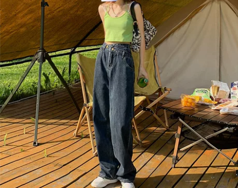 温姗不规则高腰牛仔裤女2022春秋新品宽松...
