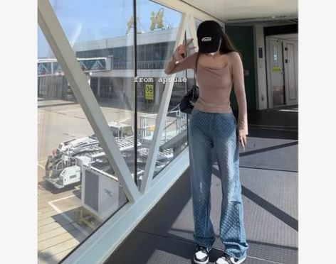 ?白水女 浅蓝色高腰牛仔裤女夏宽松设计感小...