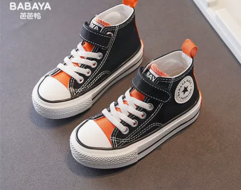 芭芭鸭帆布鞋儿童高帮布鞋板鞋2023春季款...