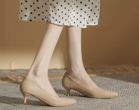 千百度羊皮低跟法式单鞋女3公分小跟鞋女细跟...