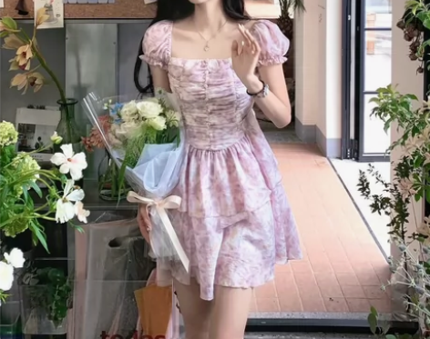 #夏季连衣裙 法式超仙ins学生方领短裙子...