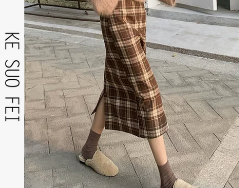 毛呢格子开叉半身裙女秋冬天配毛衣高腰中长款...