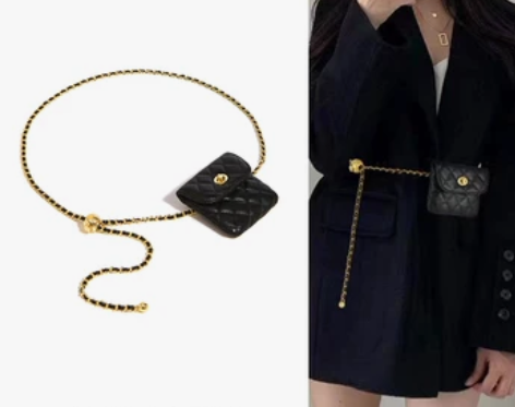 羊皮金球腰包女腰链装饰连衣裙子西装小香风i...