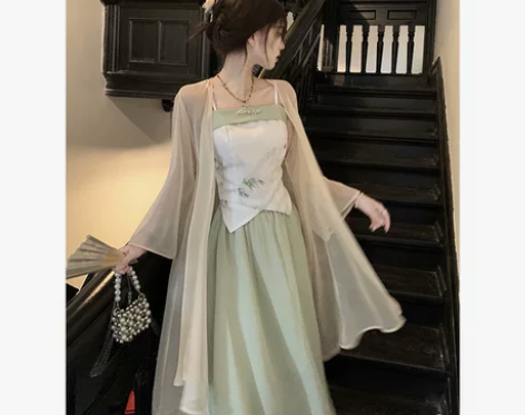 新中式女装国风改良汉服汉元素小个子绿色吊带...