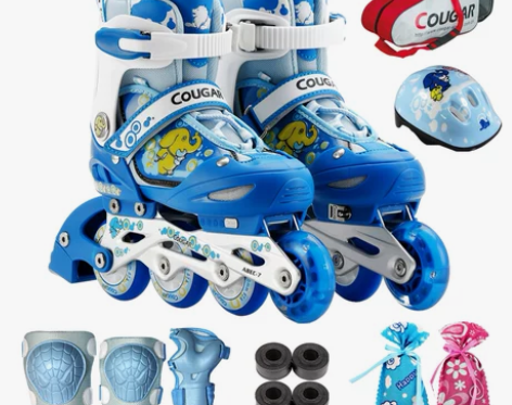 美洲狮溜冰鞋儿童 套装 可调直排轮滑鞋 旱...