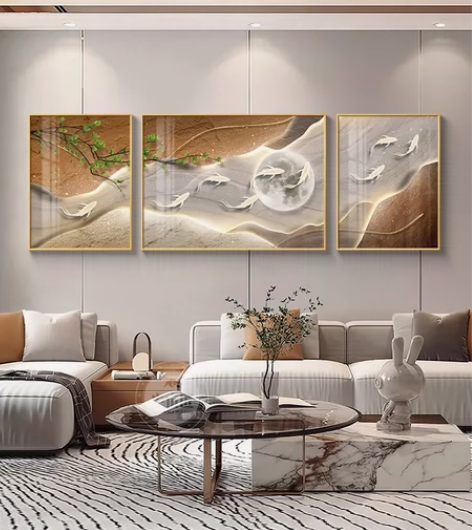 九鱼图客厅装饰画现代轻奢沙发背景墙挂画简约...