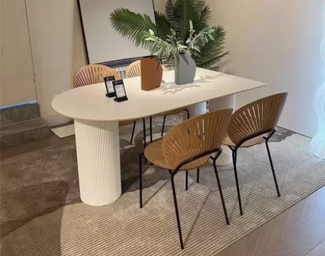 法式奶油风半岛台岩板餐桌现代简约椭圆形家用...