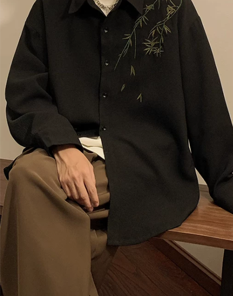 ?新中式刺绣衬衫男长袖秋季宽松大码翻领外套...